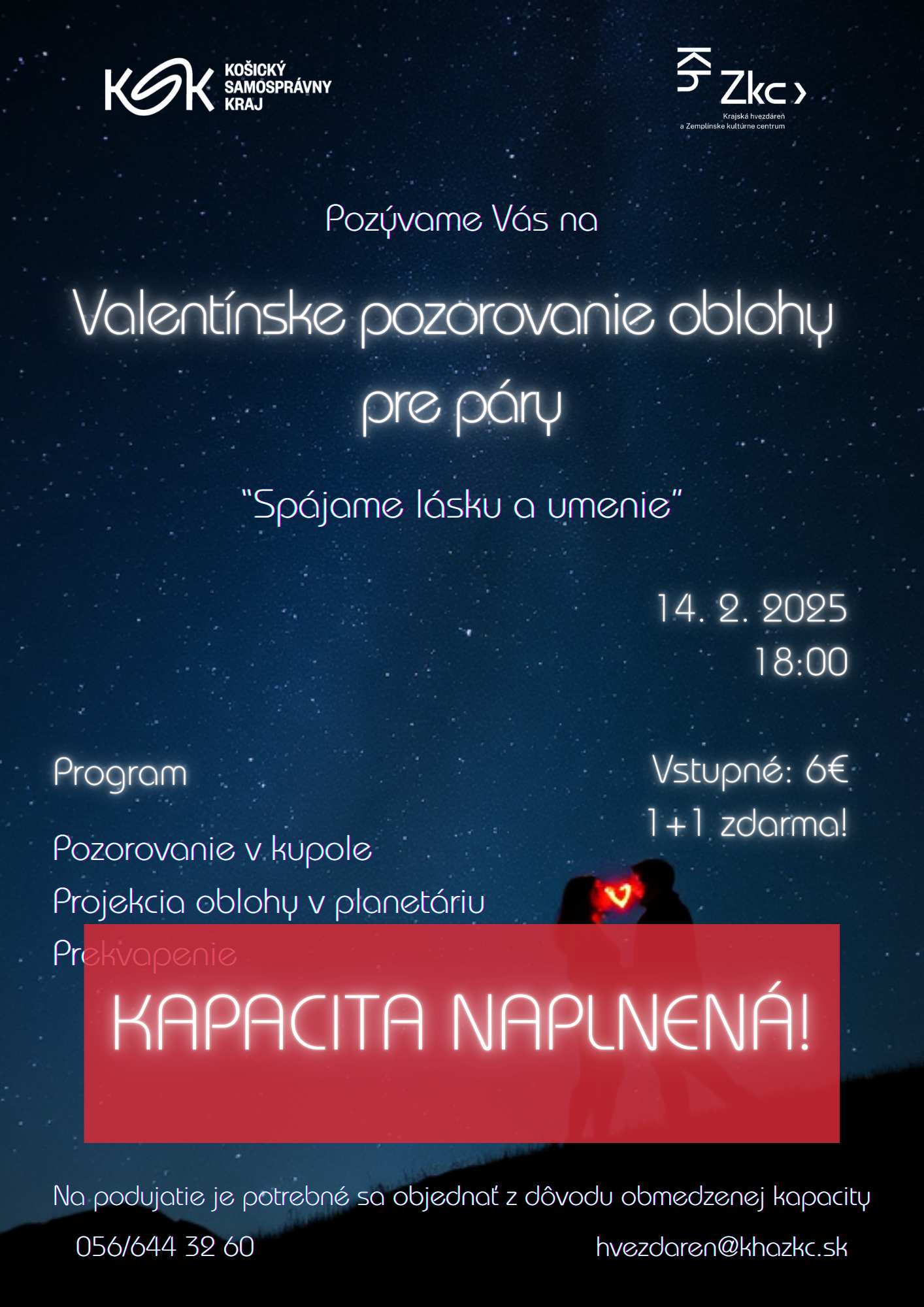 Valentínske pozorovanie oblohy pre páry - "Spájame lásku a umenie" - KAPACITA NAPLNENÁ